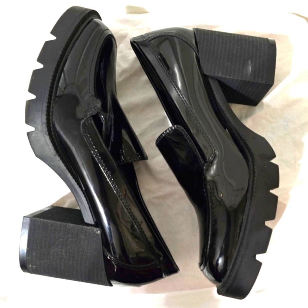 Blondo Jonah Heeled Platform Lug Sole Loafers, Black Patent Leather, Sz 11, EUC - Picture 2 of 10